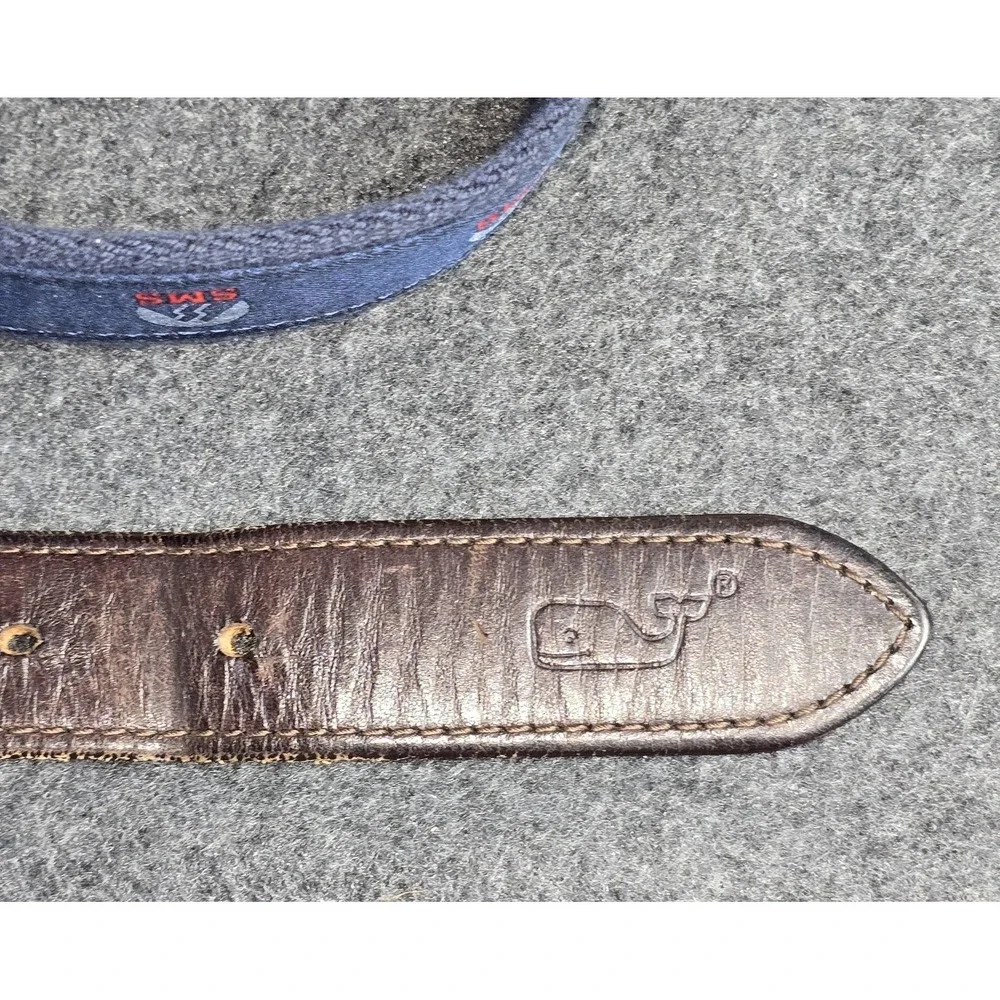 Vineyard Vines Belt Mens Size 30 Blue SMS Logo‎ Ribbon Leather Brass Buckle USA